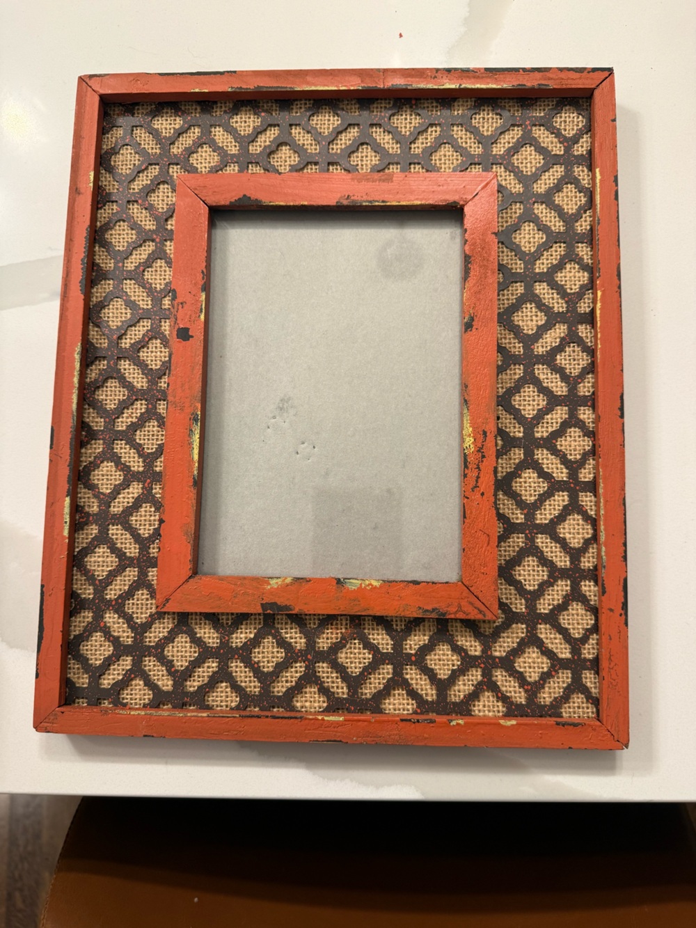 CBK. Orange Frame. 5x7 Internal. 10x12 Size. Metal & Burlap Accents